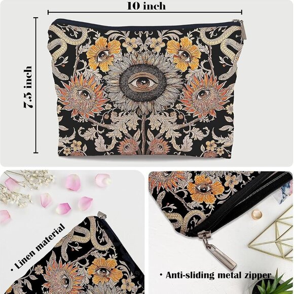 Tarot Evil Eye Sunflower Hippie Snake Vintage Flowers Floral Cosmetic Bag Decora - Picture 3 of 6